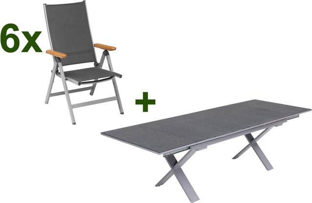 Kettler Granada Garten-Essgruppe in Silber und Anthrazit mit ausziehbarem Tisch und 6 Klappstühlen aus Aluminium, Spraystone-Glas und Teakholz, Tisch B: 100 cm, T: 180-280 cm, H: 78 cm - Bild 1