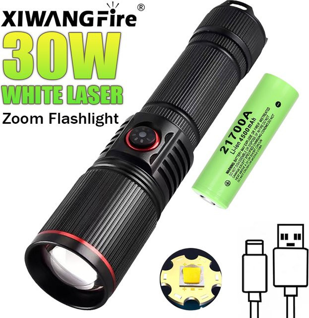 XIWANGFIRE LED Taschenlampe mit Zoom und USB-Aufladung, 30W, Weiß - Bild 1