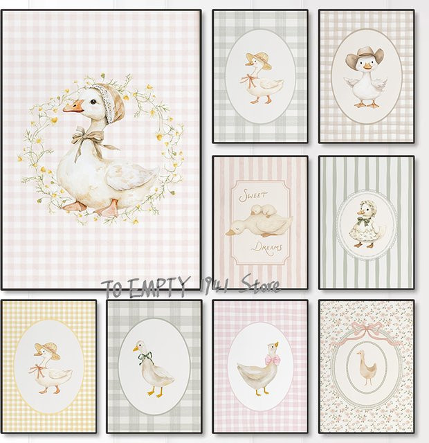 Potdemiel Wandbild Leinwand Gans und Ente im Gingham-Design für das Kinderzimmer - Bild 1