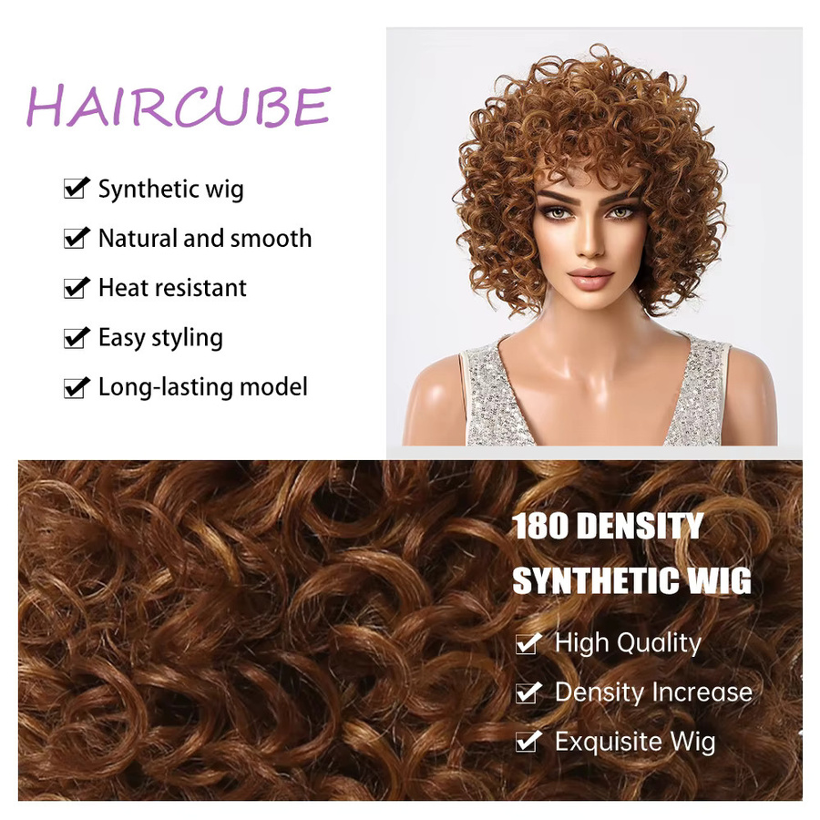 Kinky Curly Bomb Synthetische Perücke, Bob, Goldbraun, mit Pony - Bild 2