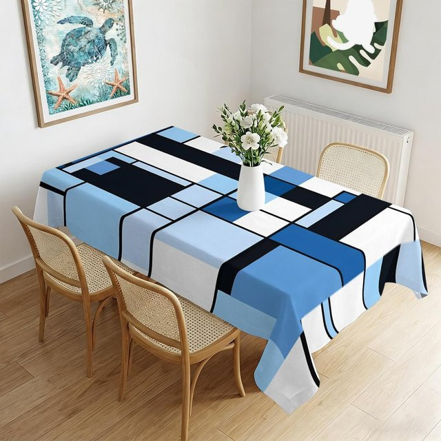 Rechteckige Tischdecke von JINGYUE Pet mit abstraktem geometrischem Farbblock-Design in Blau, wasserabweisend und waschbar, B/T/H: 140 x 200 cm - Bild 1