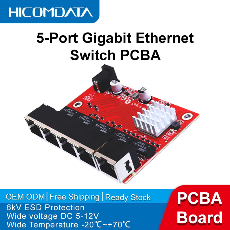 HICOMDATA 5-Port Gigabit Ethernet Switch PCBA-Karte mit Weitspannung DC 5–12 V und 6kV ESD Schutz in Rot - Bild 3