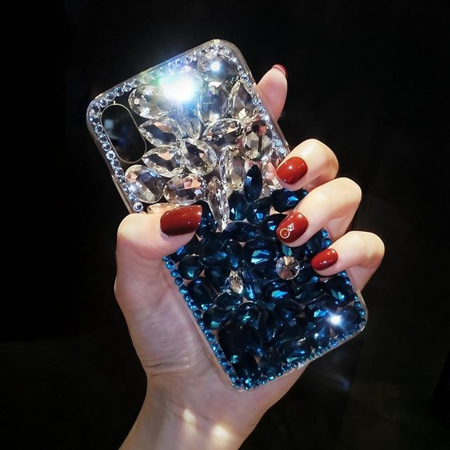 Luxus Strass Kristall Blume Handyhülle für Samsung Galaxy S24 S23 S22 S21 S20 Ultra Plus FE Edge in Weiß und Blau - Bild 1