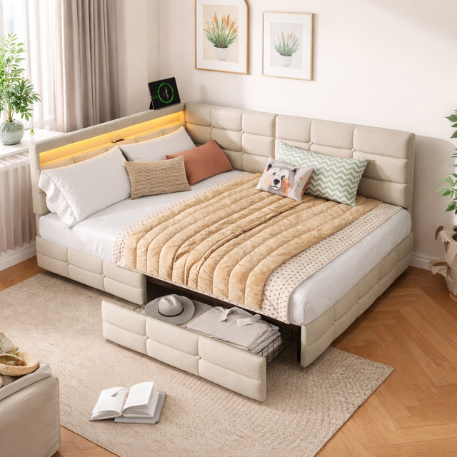 Rosahqnda L-förmiges gepolstertes Bettgestell aus Leinenstoff mit USB-Ladeanschluss, LED-Beleuchtung und Schubladen in Beige/Grau, B/T/H: 140 x 190 cm - Bild 1