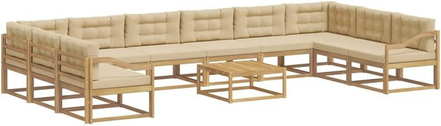 vidaXL Outdoor-Sofagarnitur in U-Form aus massivem Akazienholz mit 11 Kissen in Weiß und Beige - Bild 1
