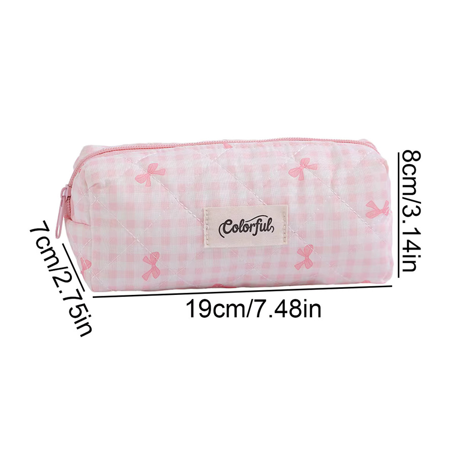 Niedriges Federmäppchen mit Schleifen- und Karomuster in Pink mit Reißverschluss - Bild 1