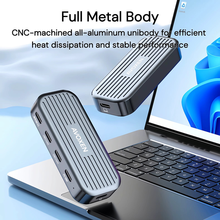 AVOXEN USB-C Hub in Silber mit 4K 60Hz Videoübertragung, PD 100W Power Delivery und 10Gbps Datenübertragung, Aluminium USB 3.2 Gen 2 Dockingstation und Typ-C Adapter - Bild 5