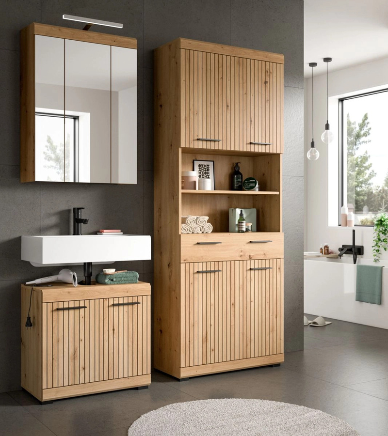 3-teiliges Badmöbel Set Shawn von Inn.Furn in Eiche Matt, bestehend aus Waschtischunterschrank, Spiegelschrank mit LED-Beleuchtung und Hochschrank - Bild 2
