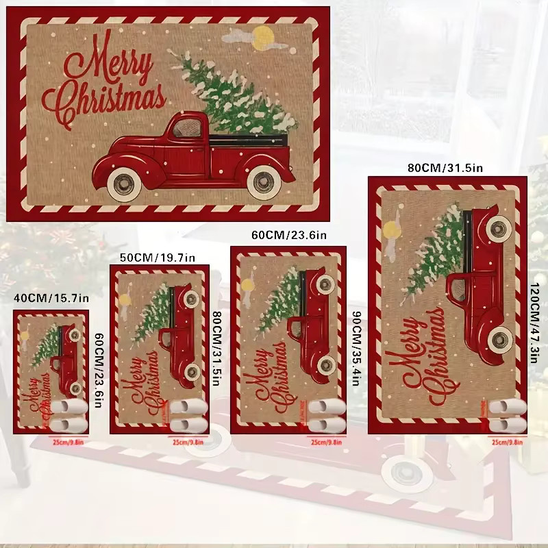 VIKAMA Weihnachtliche Bodenmatte mit rotem LKW-Aufdruck, rutschfester und wasserabsorbierender Teppich für Flur und Badezimmer, rot/mehrfarbig, 40 x 40 x 40 cm - Bild 6