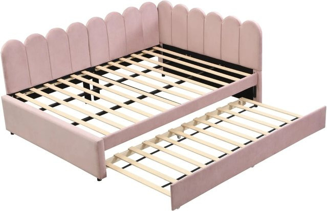 Merax L-Form Schlafsofa mit Ausziehbett aus Samt in Rosa und Beige, Breite: 140 cm, Tiefe: 200 cm - Bild 1