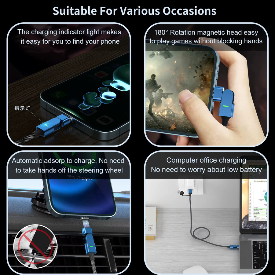 Magnpter PD100W 180 Grad drehbares Magnet-Ladekabel USB-C zu Lightning und USB-C in Blau - Bild 2