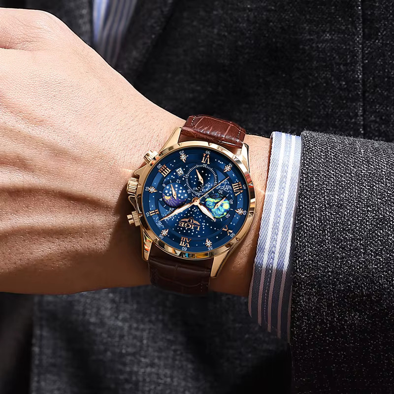 LIGE Herren-Chronograph, Quarz, Leder, Blau, Gold, Herren - Bild 2