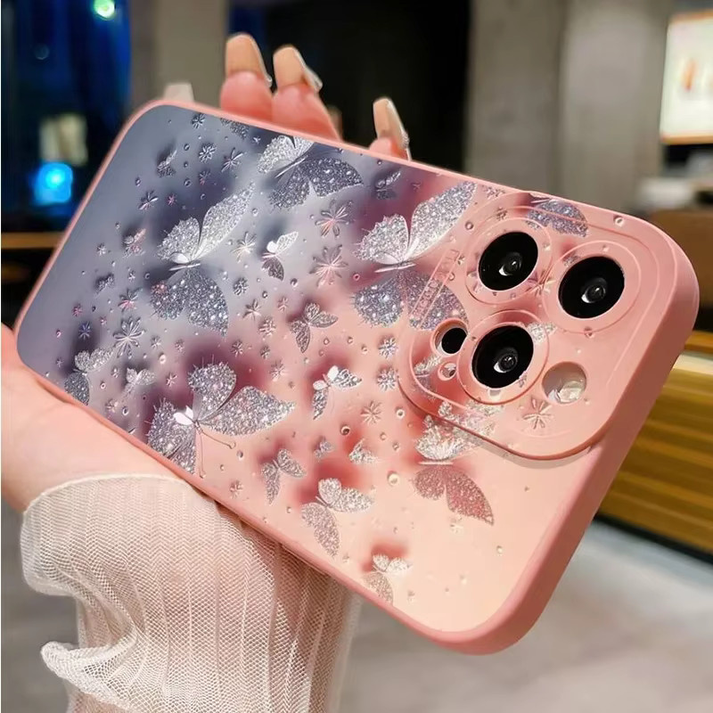 Stoßfeste Silikon-Handyhülle mit Schmetterlings- und Blumenmuster für iPhone 16 15 14 Pro Max 13 12 11 XS X XR 7 8 Plus in Multicolour, matt und weich - Bild 2