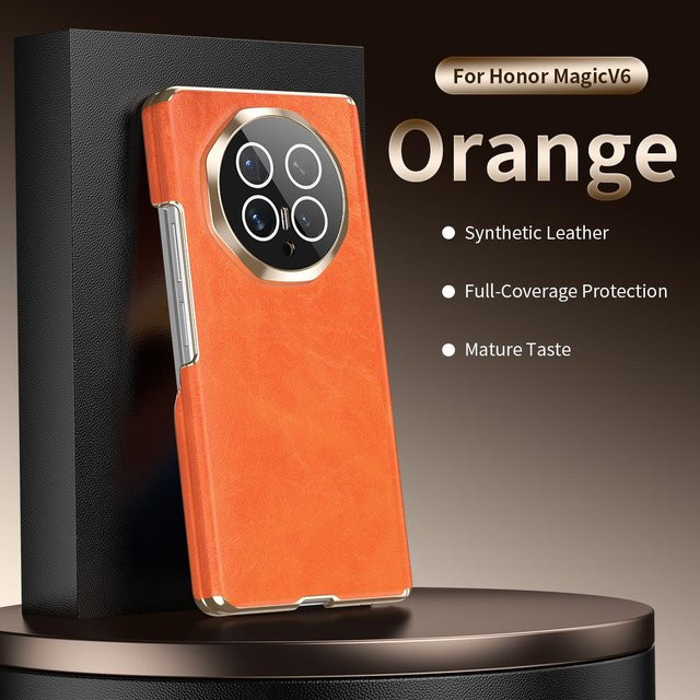 Luxus Leder Handyhülle für Honor Magic V6 in Orange mit integriertem Ständer und Stoßschutz - Bild 1
