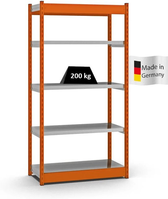PROREGAL Fachbodenregal Stecksystem mit Vierkant-Profil, 5 Ebenen, einseitige Bauart, Fachlast 200 kg, Farbe: Orange, H x B x T: 200 x 102,5 x 40 cm - Bild 1