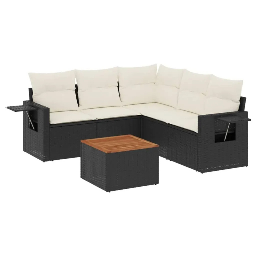 vidaXL 6-teilige Garten-Sofagarnitur aus Poly-Rattan und Akazienholz in Schwarz-Creme mit Kissen - Bild 2