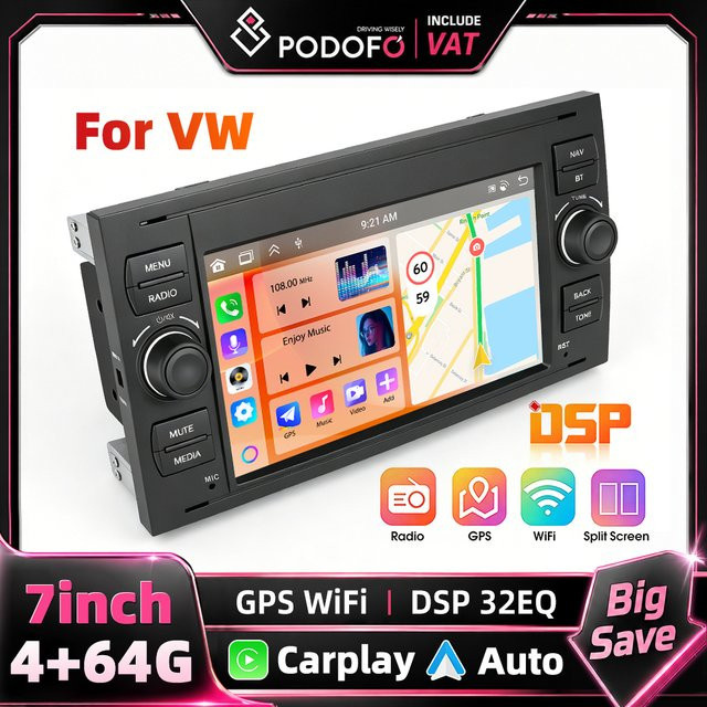 Podofo Android Auto und Carplay Multimedia-Player mit 7 Zoll Touchscreen und GPS-Navigation in Schwarz für Ford Focus Fiesta Mondeo Kuga C-Max Transit Galaxy Fusion - Bild 1