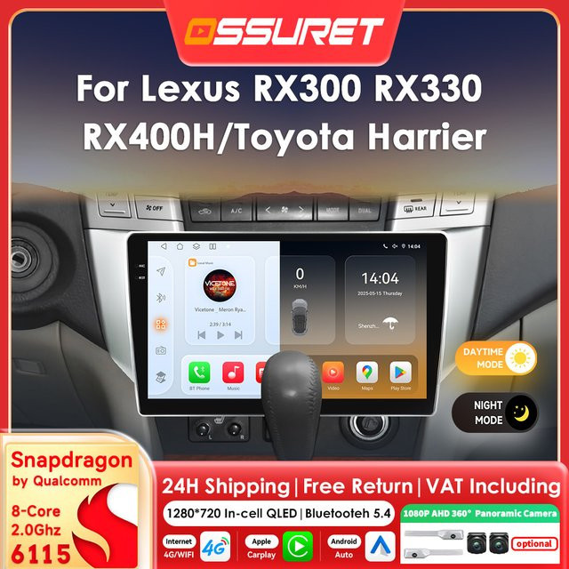 OSSURET Android 14 Autoradio mit Carplay und GPS für Lexus RX300 RX330 RX400H sowie Toyota Harrier 2003–2009, 2DIN Multimedia-System in Schwarz mit 360 Grad Kamera Unterstützung - Bild 1