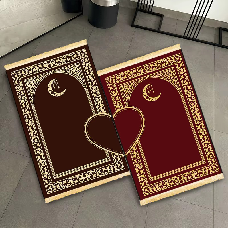 VIKAMA 2-teiliges luxuriöses islamisches Gebetsteppich-Set für Paare, weich und faltbar mit orientalischem Design und herzförmigen Fransen, B/T: 110 x 110 cm - Bild 2