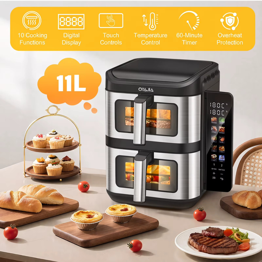 Oyajia XXL Heißluftfritteuse mit Doppelkammer, 11 Liter, Edelstahl, Silber/Schwarz, 2800W mit digitalem Farb-Touch-Display und Timer - Bild 4