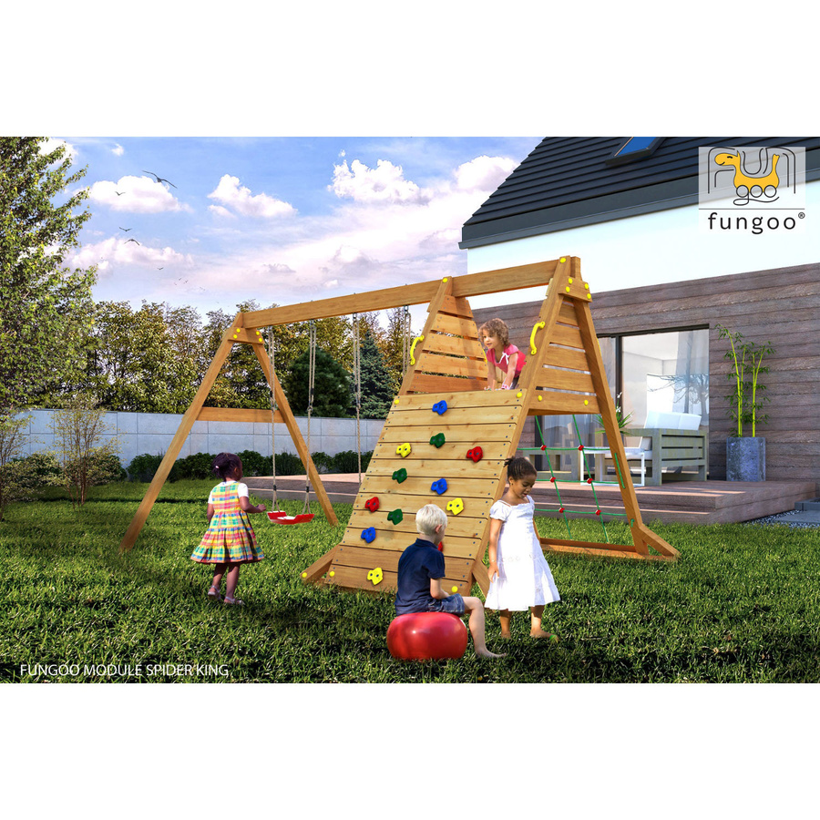 Fungoo Kletterturm Spider King aus Nadelholz in Teak, braun, mit Doppelschaukel und Kletterwand - Bild 2