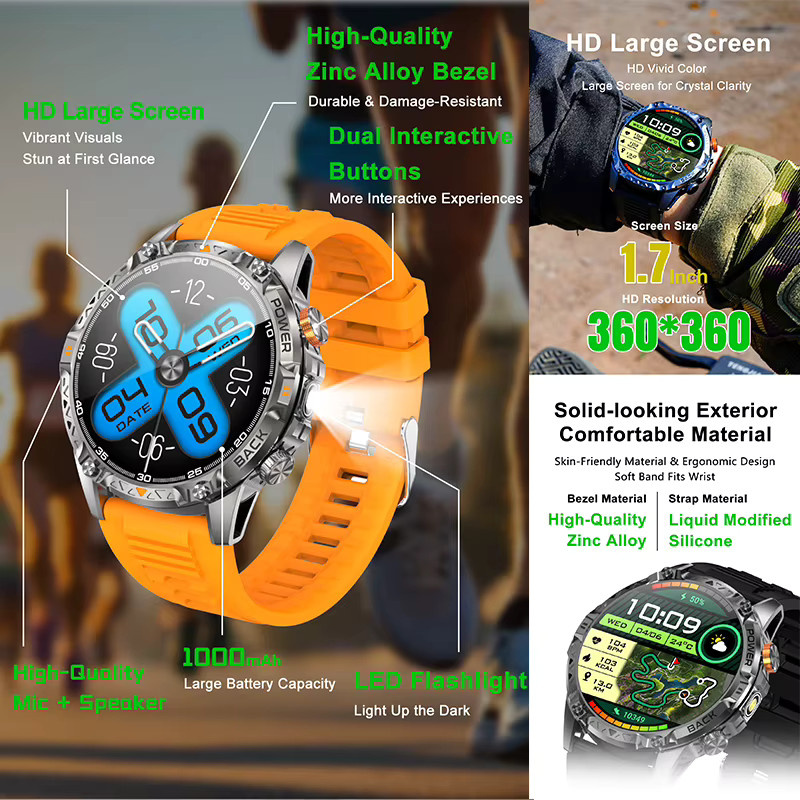 Yaocx Smartwatch für Herren mit 1,7 Zoll AMOLED HD Display, IP68 wasserdicht, Bluetooth-Anruf, Kompass und Taschenlampe, Farbe: Schwarz, 1000mAh Akku - Bild 3