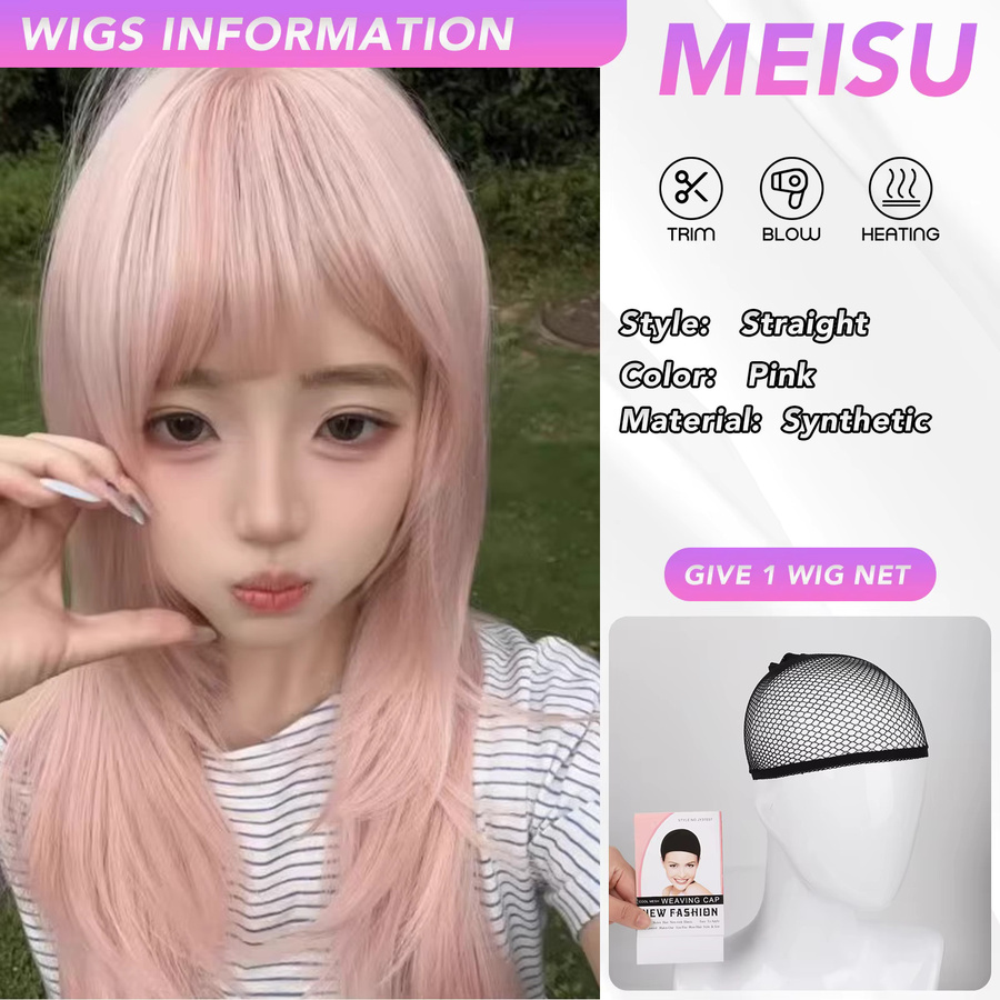 MEISU Perücke, synthetisch, gerade, Air Bangs, Rosa, Damen - Bild 2