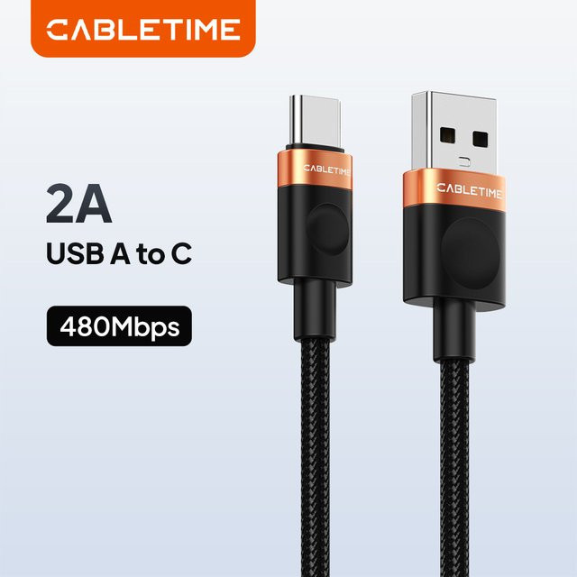 CABLETIME USB-A auf USB-C Kabel in Schwarz mit 480 Mbit/s Datenübertragung und geflochtener Ummantelung - Bild 1