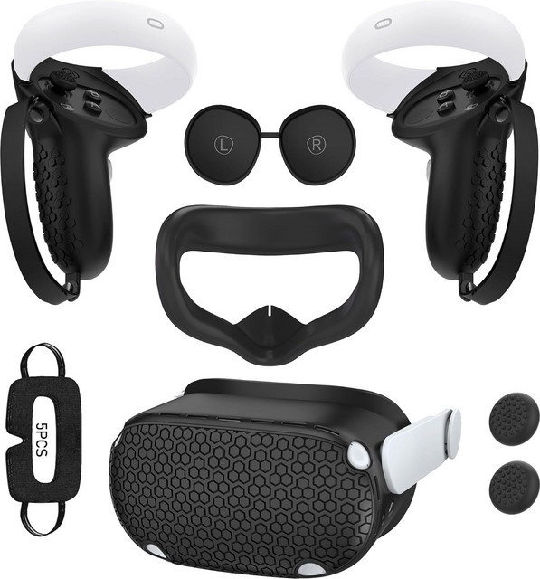 Meta Quest 2 Zubehör Set in Schwarz: 5 Stück Silikon-Objektivabdeckungen, VR Shell Cover und Einweg-Augenmasken mit Daumen-Stickcover - Bild 1
