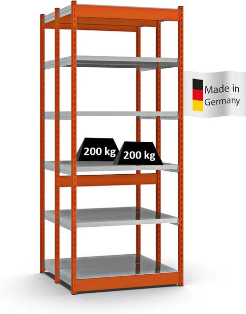 PROREGAL Fachbodenregal Stecksystem mit Vierkant-Profil, doppelseitige Bauart, 6 Ebenen, Farbe Orange, H x B x T: 250 x 102,5 x 40 cm - Bild 1
