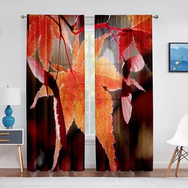 Transparenter Tüllvorhang mit herbstlichem Ahornblatt-Design in Orange von Super Six, B: 300 cm, H: 250 cm - Bild 1