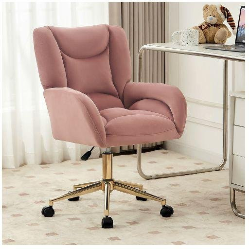 MUVOE Couture-Design Samt-Drehstuhl in Rosa mit goldenen Füßen, höhenverstellbar und mit Rollen für dein Homeoffice - Bild 1