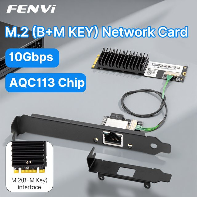 FENVI 10 Gbit/s AQC113 M.2 B+M zu RJ45 Ethernet Netzwerkadapter Single-Port LAN Controller Karte für Desktop-PC und Server, Schwarz - Bild 1
