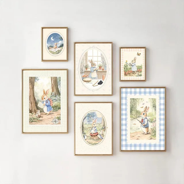 Potdemiel Vintage Boho Kunstposter mit blauem Karomuster und Kaninchen als Leinwandmalerei für dein Kinderzimmer oder Schlafzimmer - Bild 1