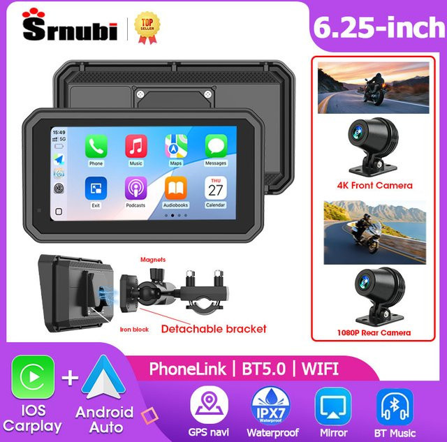 Srnubi Moto DVR GPS Motorrad Navigator mit 6,25 Zoll Touchscreen, 4K Frontkamera und 1080P Rückfahrkamera, Wireless CarPlay und Android Auto, Schwarz - Bild 1