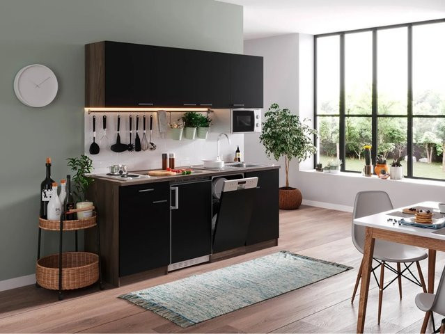 Respekta Küchenzeile KB195EYSMI in Schwarz und Eiche York Nachbildung, Breite: 195 cm, Höhe: 200 cm, Tiefe: 60 cm - Bild 2