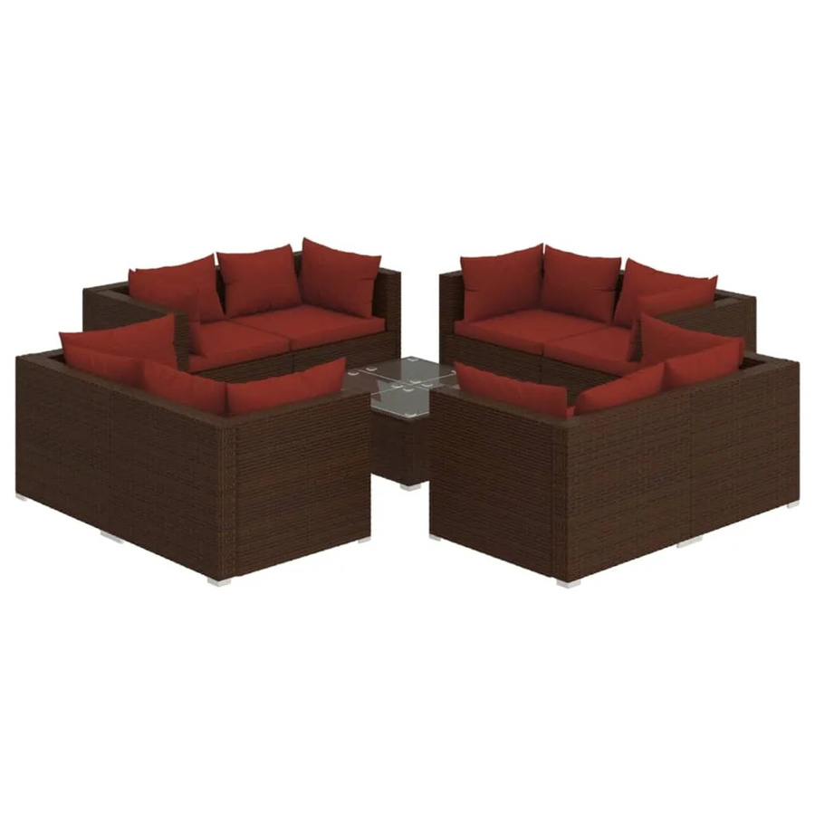 vidaXL 9-tlg Garten-Lounge-Set in L-Form mit Kissen und Couchtisch, Poly Rattan in Braun und Rot mit Metallgestell - Bild 2