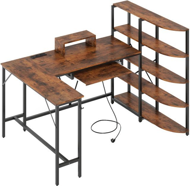 Costway Eckschreibtisch in L-Form mit Monitorständer in Braun und Weiß im Industrial-Design - Bild 1