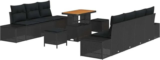 vidaXL Garten-Sofa-Set aus Polyrattan mit 10 Teilen und Kissen in Schwarz - Bild 1