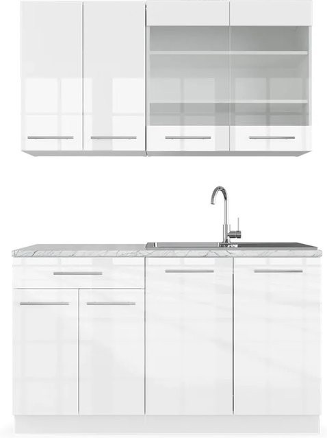 Vicco Fame-Line Singleküche Weiß Hochglanz mit Marmor-Optik, Breite: 140 cm - Bild 1