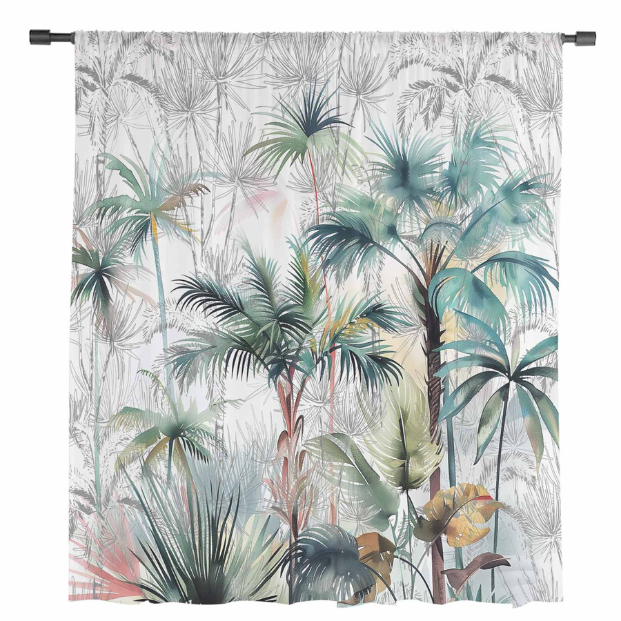 Transparente Vorhänge mit tropischem Pflanzen- und Palmenmuster von Household supplies MH aus Tüll, Voile und Organza, Breite: 135 cm, Höhe: 115 cm - Bild 2