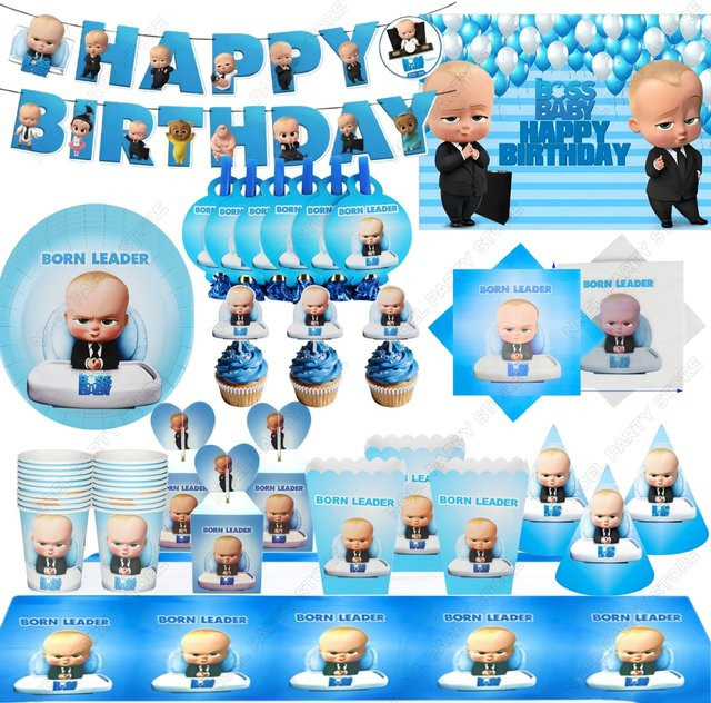 Hasbro Hot Bossed Baby Geburtstagsparty-Dekoration Set für Jungen mit Einwegtellern, Bechern, Hintergrund und Tortenständer - Bild 1