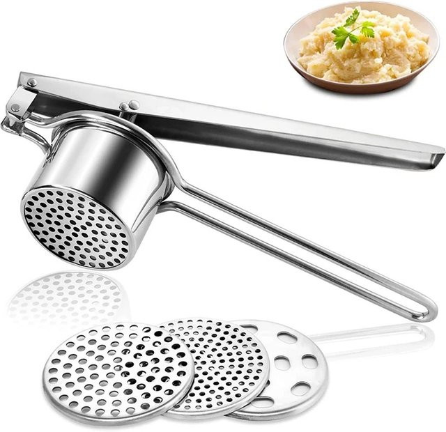 CHANSUNRUN Kartoffelpresse aus Edelstahl mit 3 austauschbaren Scheiben, manueller Kartoffelstampfer und Fruchtpresse in Silber/Grau - Bild 1