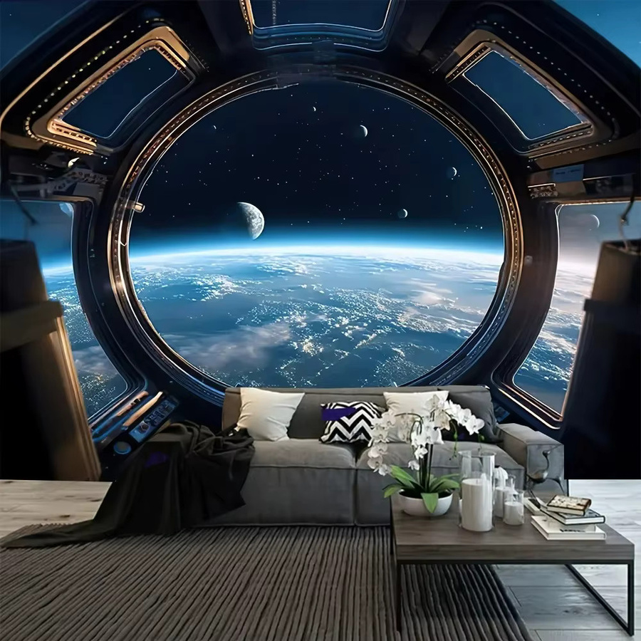 VIKAMA Wandbehang Raumkapsel Sci-Fi Motiv mit Kuh, Erde und Galaxie, Rechteckiger Textiler Wandbehang für Wohnzimmer und Arbeitszimmer, Breite: 180 cm, Höhe: 40 cm - Bild 2