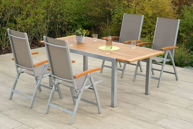 Merxx Naxos 5-tlg. Gartenmöbelset aus Aluminium, Akazie und Textil in Grau, ausziehbar und klappbar, B/T/H: 200 x 90 x 75 cm (ausziehbar auf 150 cm Breite) - Bild 1