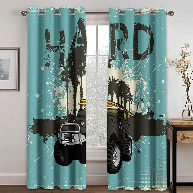 2er-Set Weihnachts-Vorhänge mit 3D-Pickup-Auto Motiv in Rot, Gold und Blau, semi-transparent, B: 50 cm, H: 130 cm - Bild 1