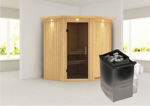 Karibu Sauna Narva aus Fichtenholz mit 9 kW Saunaofen und integrierter Steuerung für 3 Personen, Farbe: beige/grau, B/T/H: 202 x 184 x 165 cm - Bild 1