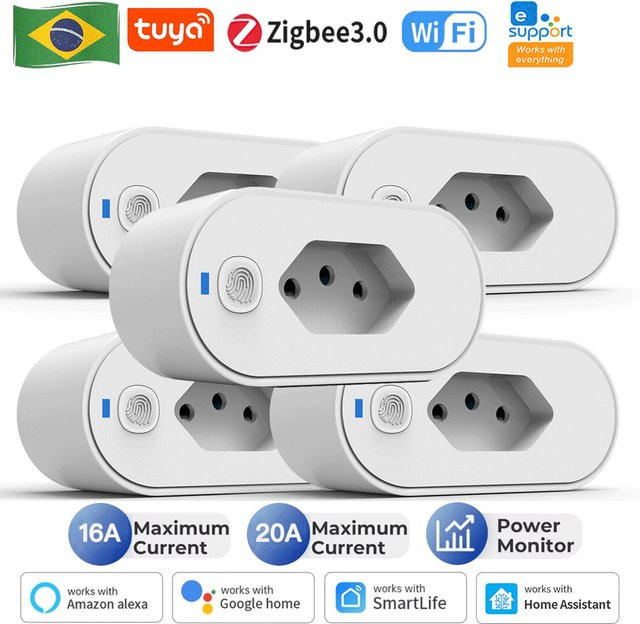 Tuya WLAN Steckdose mit Stromüberwachung und Zeitsteuerung in Weiß, 16A, kompatibel mit Google Home und Alexa via Smart Life App, Brasilien-Stecker - Bild 1