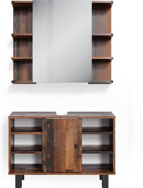 Vicco Badmöbelset Fynn Old Style in Eiche Rustikal Braun bestehend aus Waschtischunterschrank und Spiegelschrank mit Breite: 80 cm - Bild 1