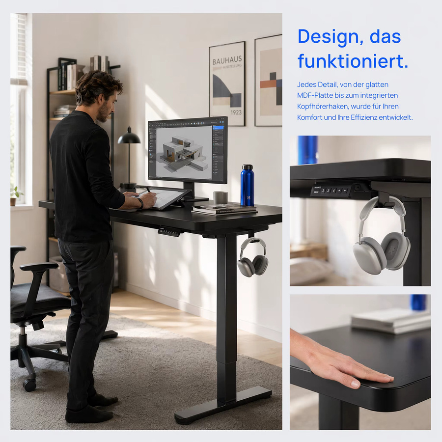 Elektrischer höhenverstellbarer Schreibtisch von Huanuo in Schwarz mit bürstenlosem Motor, ergonomischer Steh-Sitz-Tisch für das Homeoffice, B/T: 160 x 80 cm - Bild 5